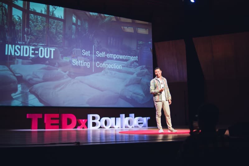Austin Mao speaking on the TEDxBoulder stage
